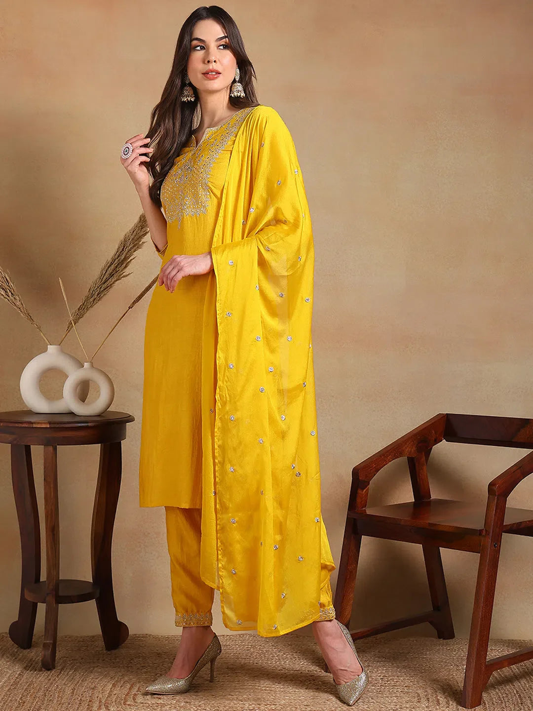 Yellow Embroidered Kurta Pant Set with Dupatta | Women's Kurta