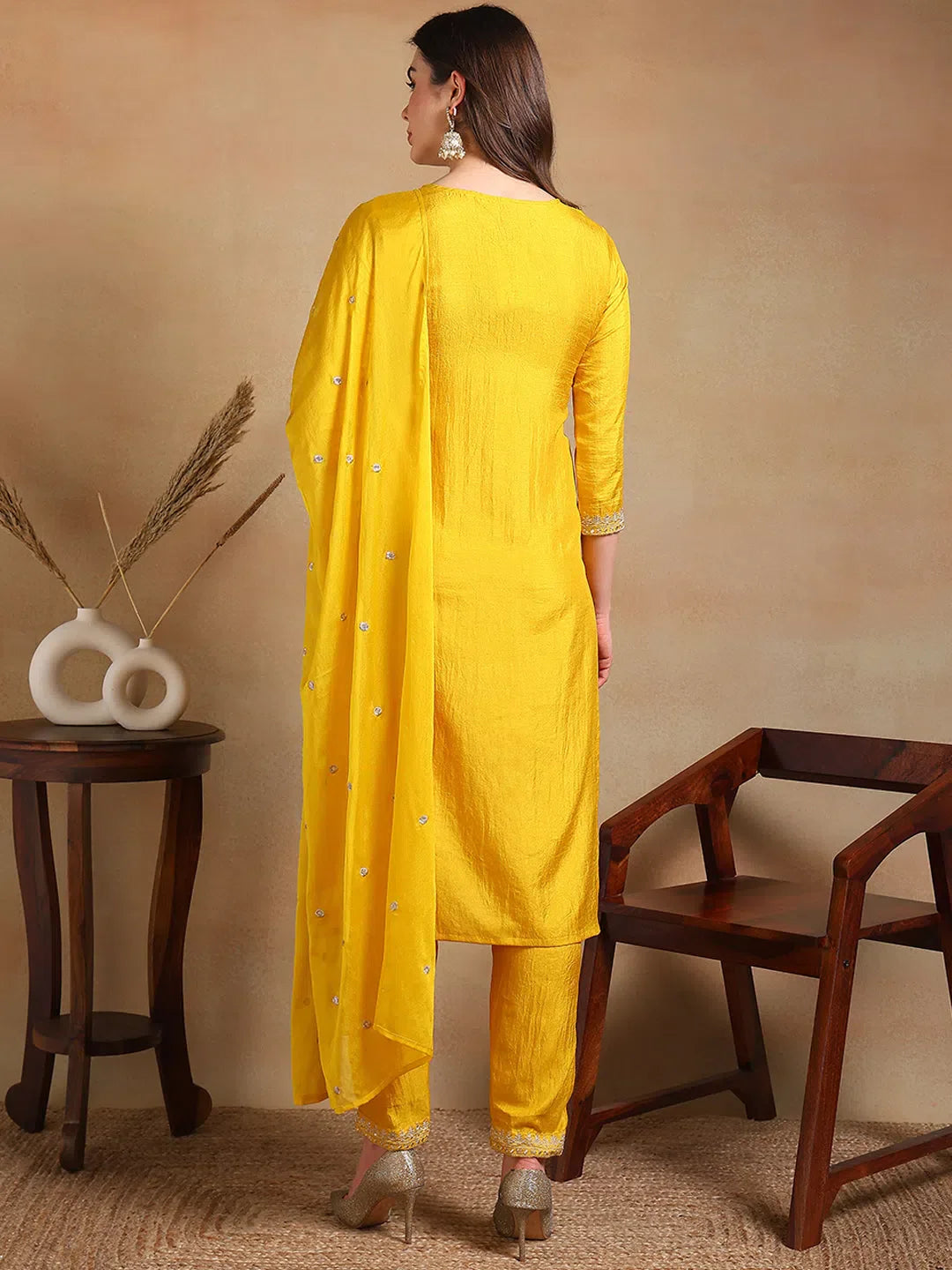 Yellow Embroidered Kurta Pant Set with Dupatta | Women's Kurta