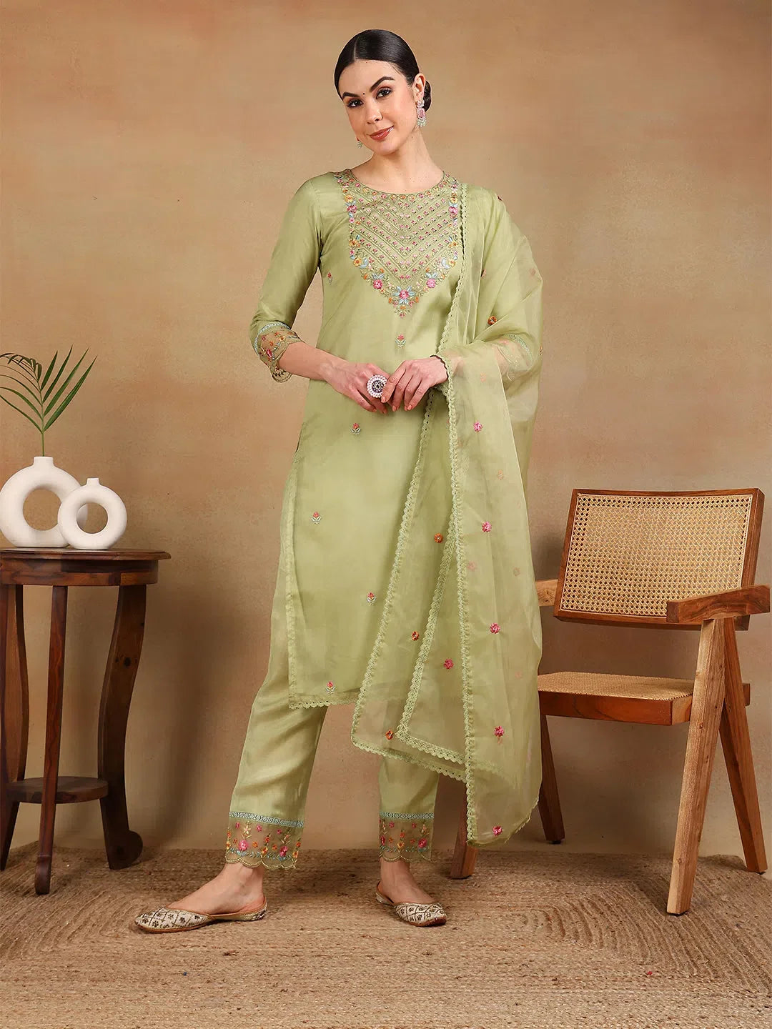 Women Green Organza Embroidered Straight Kurta Pant Set With Dupatta-PKSKD2341
