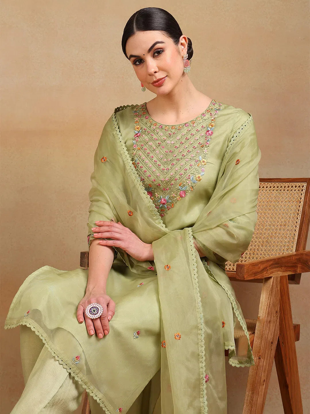 Green Organza Embroidered Kurta Pant Set with Dupatta | Kurta Set