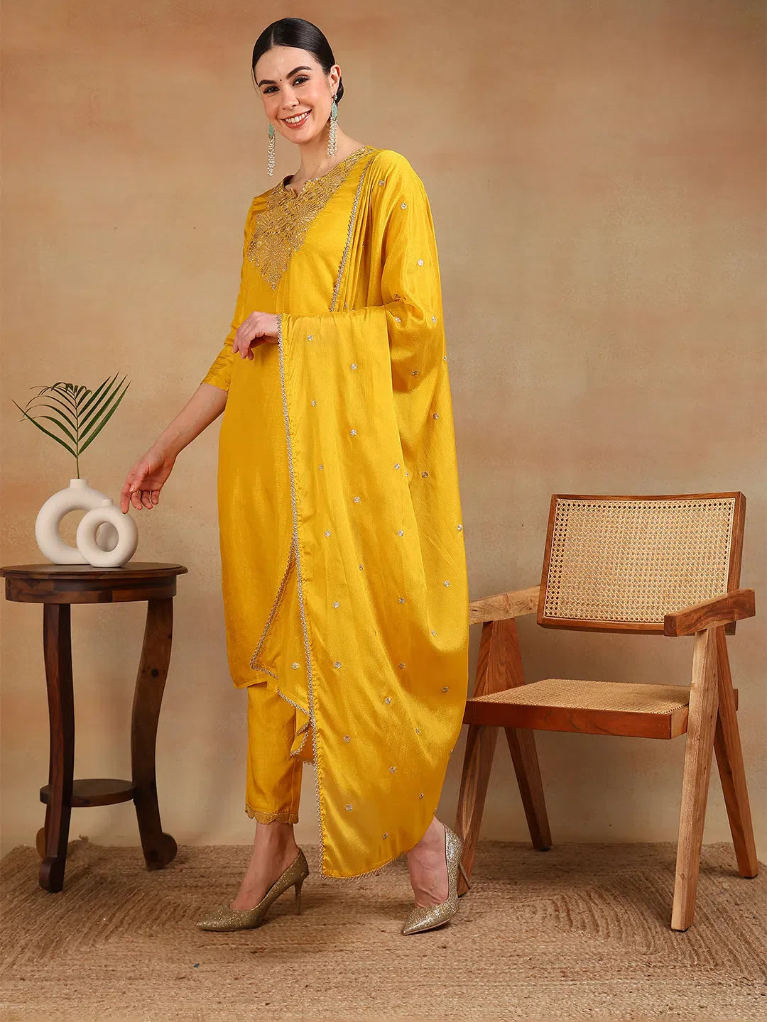 Yellow Yoke Design Kurta Pant Set with Dupatta for Women