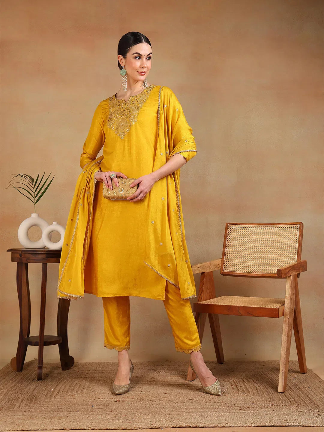 Yellow Yoke Design Kurta Pant Set with Dupatta for Women