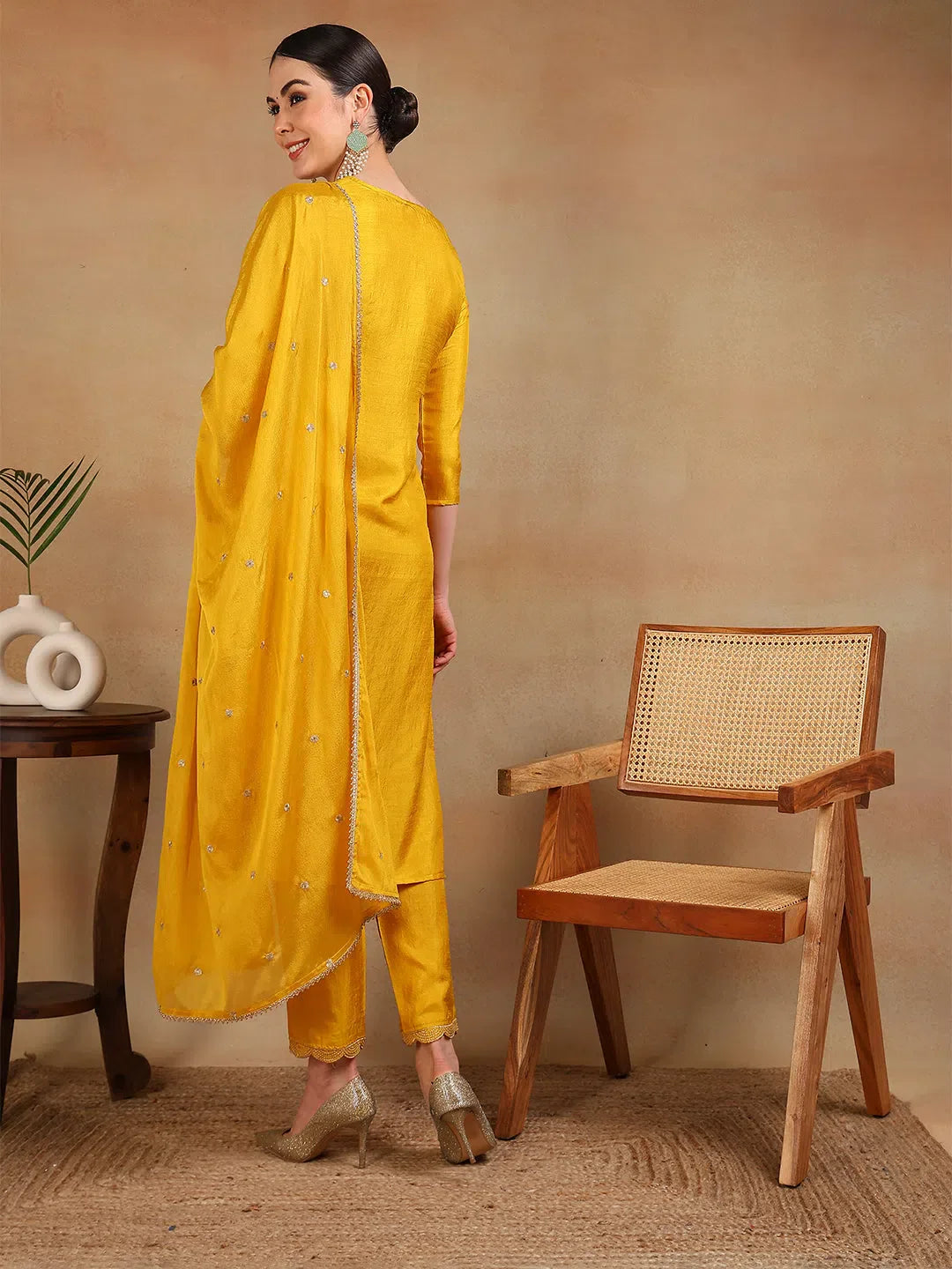 Yellow Yoke Design Kurta Pant Set with Dupatta for Women