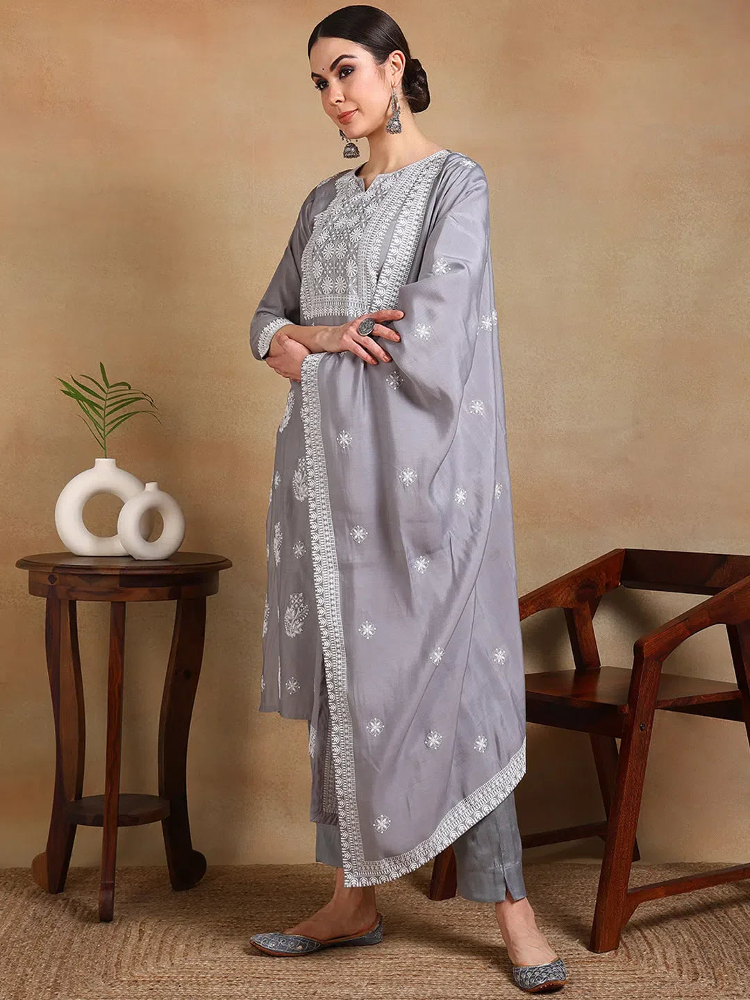 Grey Kurta Pant Set With Dupatta - Women's Indian Kurta Sets