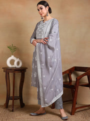 Women Grey Silk Blend Solid Straight Kurta Pant Set With Dupatta