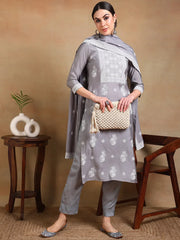 Women Grey Silk Blend Solid Straight Kurta Pant Set With Dupatta