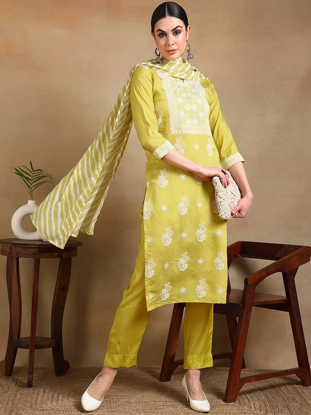 Yellow Solid Kurta Pant Set With Dupatta - Indian Kurta Sets