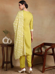 Women Yellow Silk Blend Solid Straight Kurta Pant Set With Dupatta