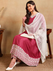 Women Pink Silk Blend Embroidered Anarkali Kurta Pant Set With Dupatta-PKSKD2363