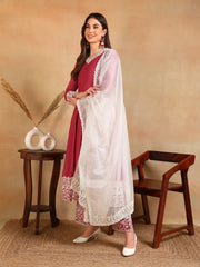 Women Pink Silk Blend Embroidered Anarkali Kurta Pant Set With Dupatta-PKSKD2363