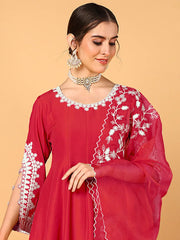 Women Fuchsia Silk Blend Embroidered Anarkali Kurta Pant Set With Dupatta