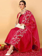 Women Fuchsia Silk Blend Embroidered Anarkali Kurta Pant Set With Dupatta