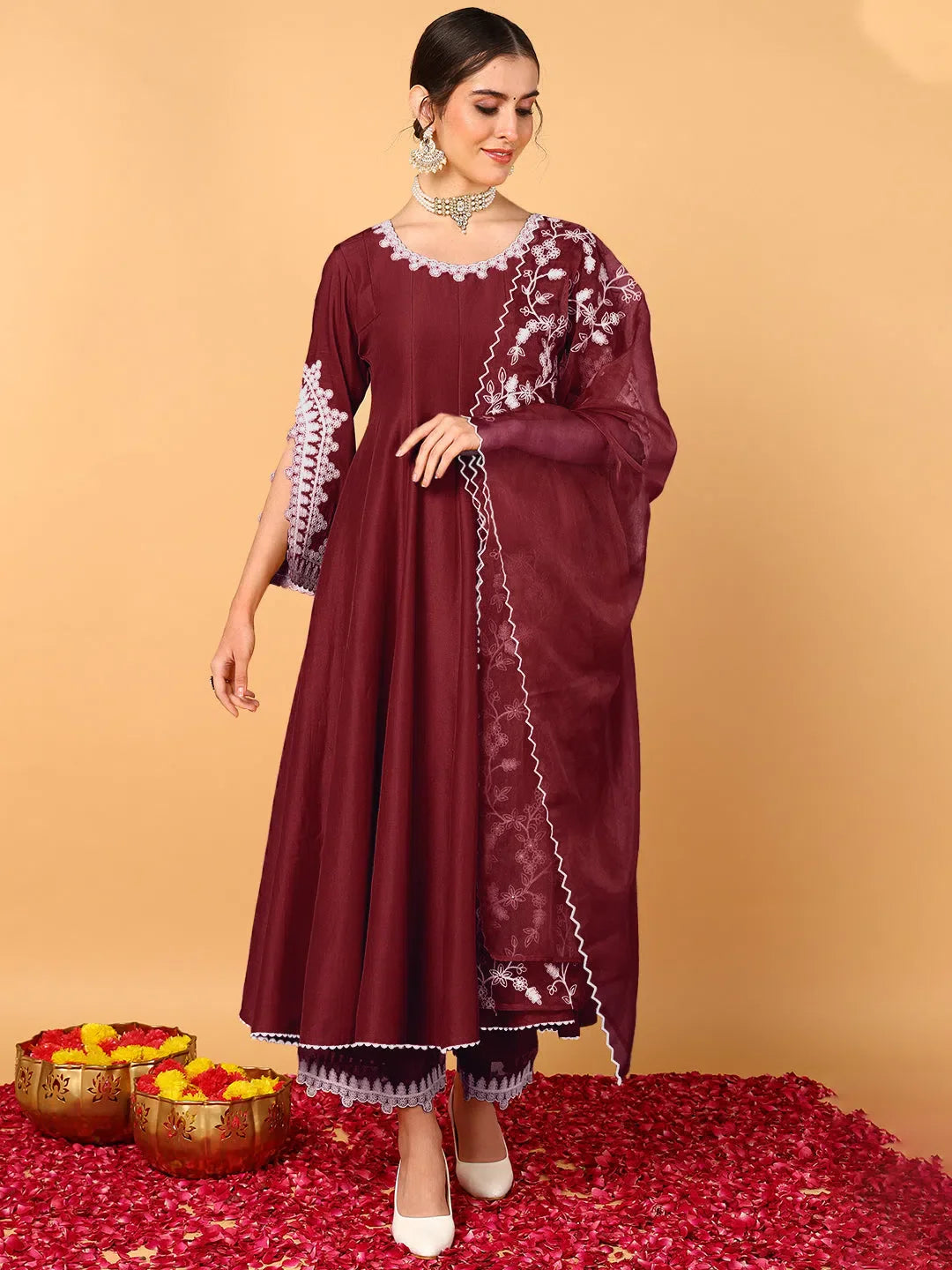 Maroon Embroidered Anarkali Kurta Pant Set with Dupatta