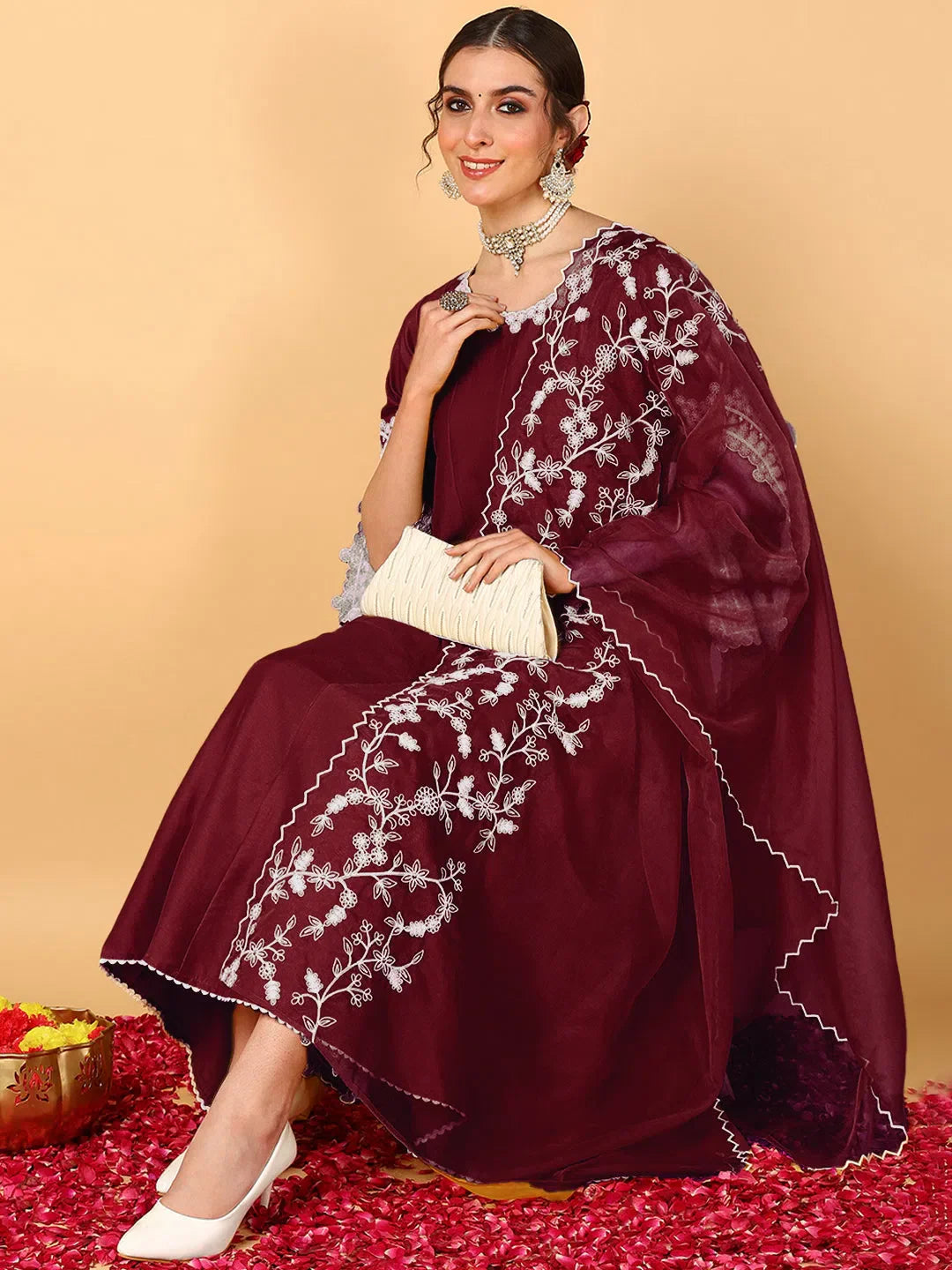 Maroon Embroidered Anarkali Kurta Pant Set with Dupatta