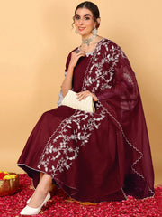 Women Maroon Silk Blend Embroidered Anarkali Kurta Pant Set With Dupatta
