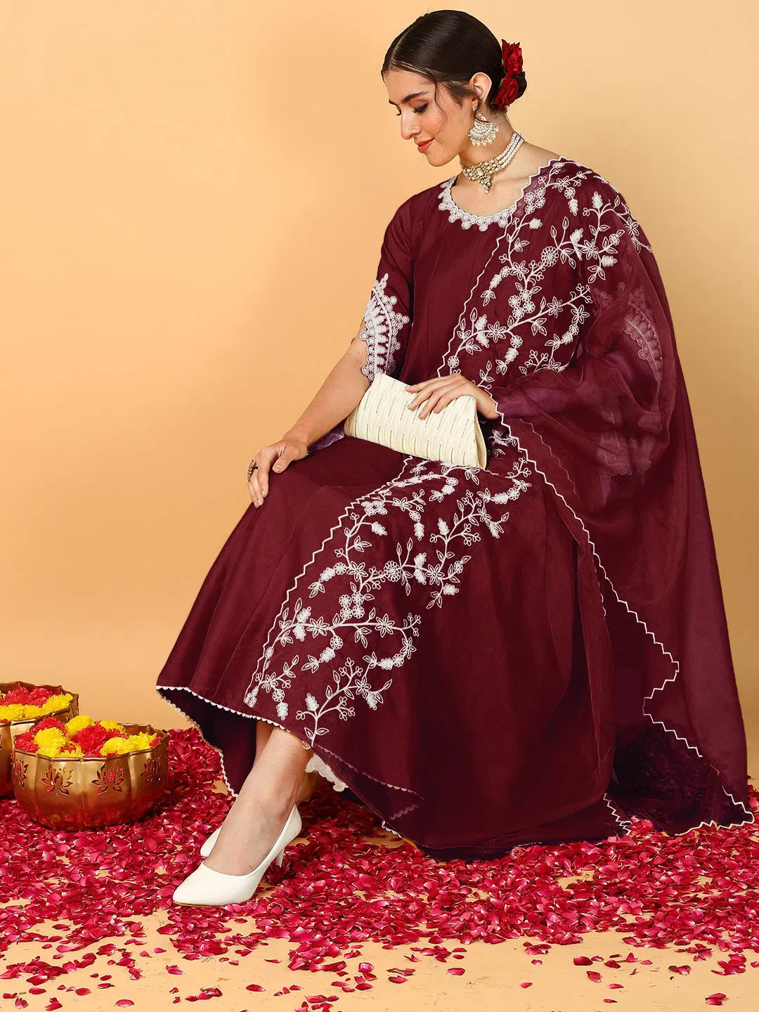 Maroon Embroidered Anarkali Kurta Pant Set with Dupatta