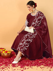 Women Maroon Silk Blend Embroidered Anarkali Kurta Pant Set With Dupatta