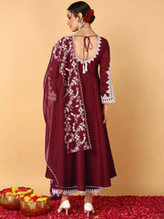 Women Maroon Silk Blend Embroidered Anarkali Kurta Pant Set With Dupatta