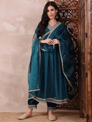 Women Teal Silk Blend Solid Embroidered Straight Kurta Salwar With Dupatta-PKSKD2367