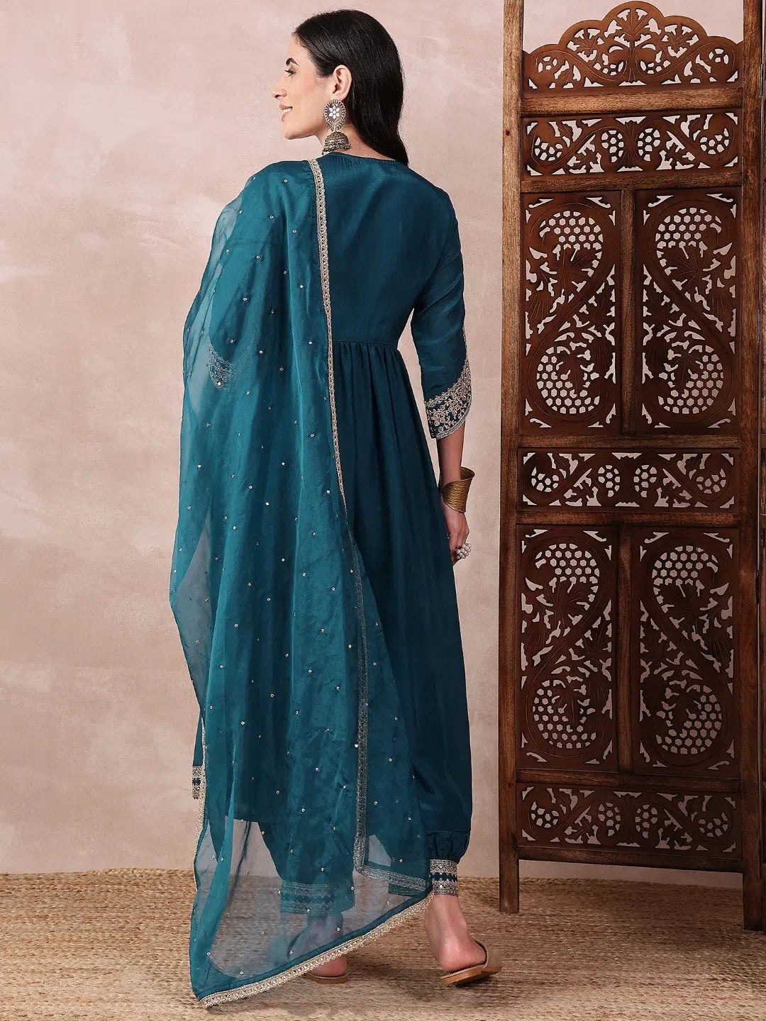Teal Embroidered Kurta Salwar Dupatta Set | Women's Indian Kurta
