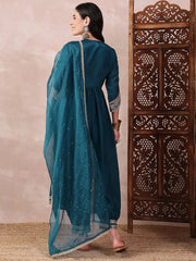 Women Teal Silk Blend Solid Embroidered Straight Kurta Salwar With Dupatta-PKSKD2367