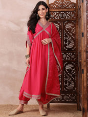 Women Pink Silk Blend Solid Embroidered Straight Kurta Salwar With Dupatta-PKSKD2369