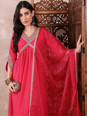 Women Pink Silk Blend Solid Embroidered Straight Kurta Salwar With Dupatta-PKSKD2369