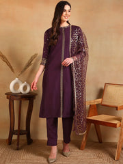 Women Purple Silk Blend Embroidered Straight Kurta Pant Set With Dupatta-PKSKD2370