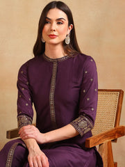 Women Purple Silk Blend Embroidered Straight Kurta Pant Set With Dupatta-PKSKD2370