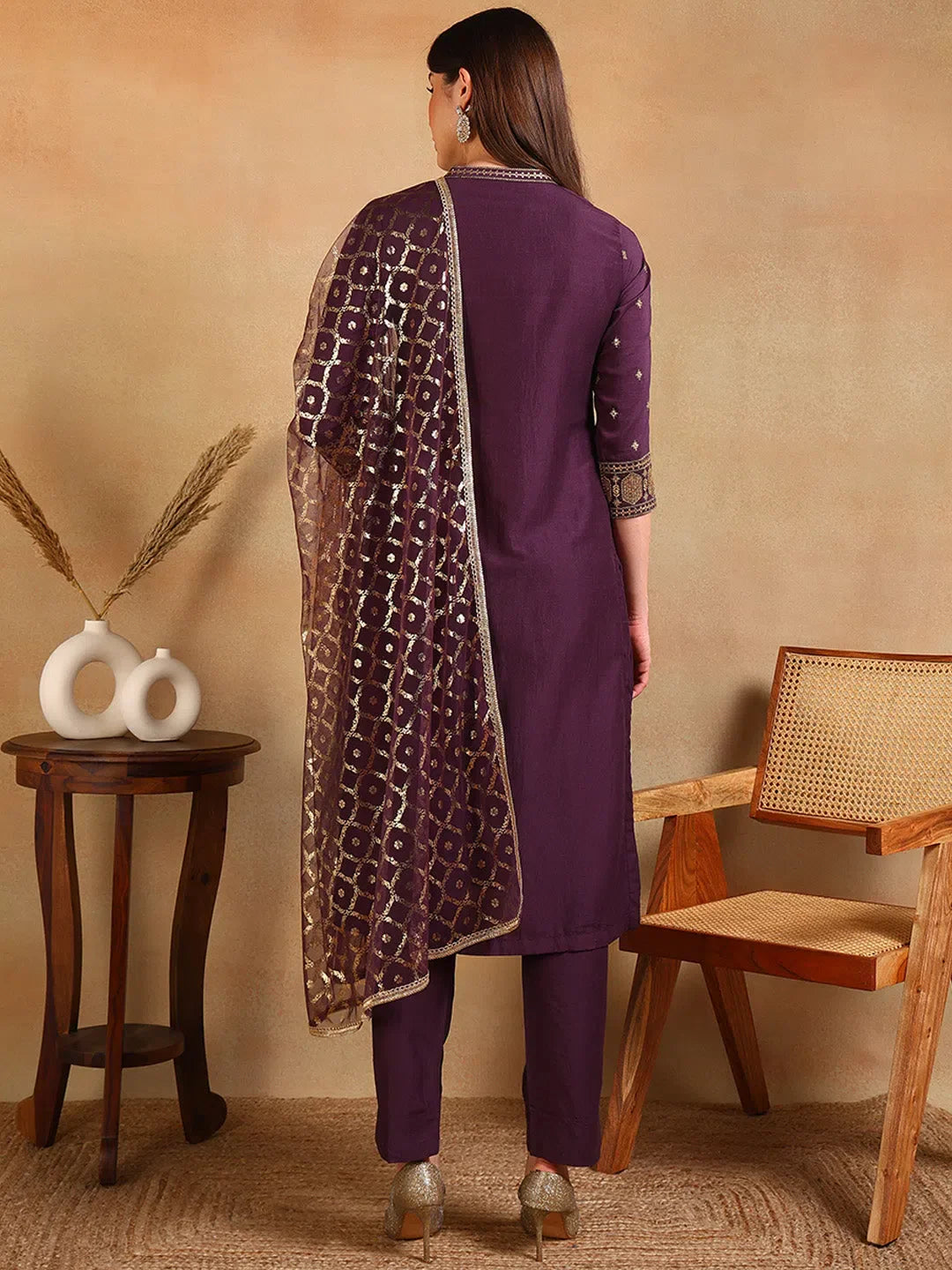 Purple Embroidered Women's Kurta Set with Dupatta | Silk Blend