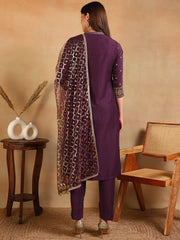 Women Purple Silk Blend Embroidered Straight Kurta Pant Set With Dupatta-PKSKD2370