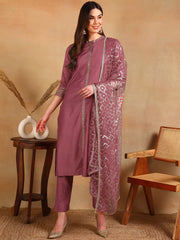 Women Pink Silk Blend Embroidered Straight Kurta Pant Set With Dupatta-PKSKD2371