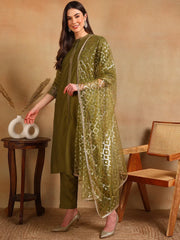 Women Olive Silk Blend Embroidered Straight Kurta Pant Set With Dupatta-PKSKD2372
