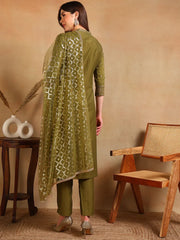 Women Olive Silk Blend Embroidered Straight Kurta Pant Set With Dupatta-PKSKD2372
