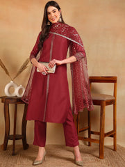 Women Red Silk Blend Embroidered Straight Kurta Pant Set With Dupatta-PKSKD2373