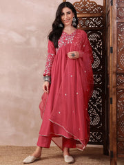 Women Red Cotton Blend Solid Embroidered A-Line Kurta Trouser With Dupatta-PKSKD2375