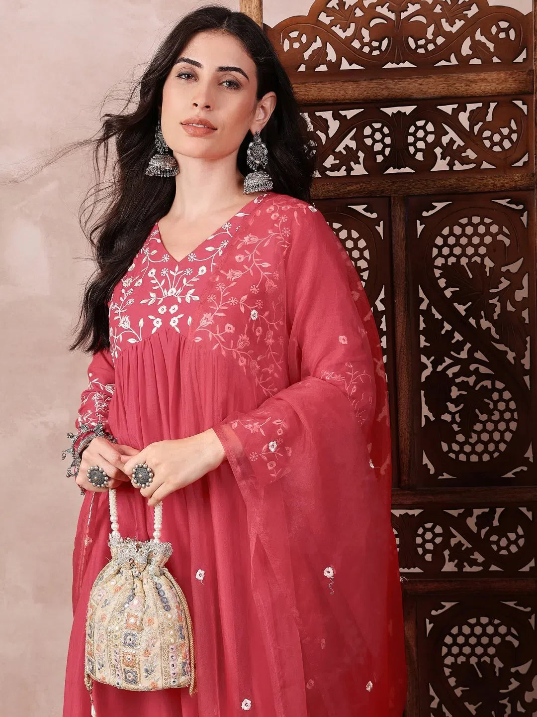 Red Embroidered Cotton Kurta Set with Dupatta for Women