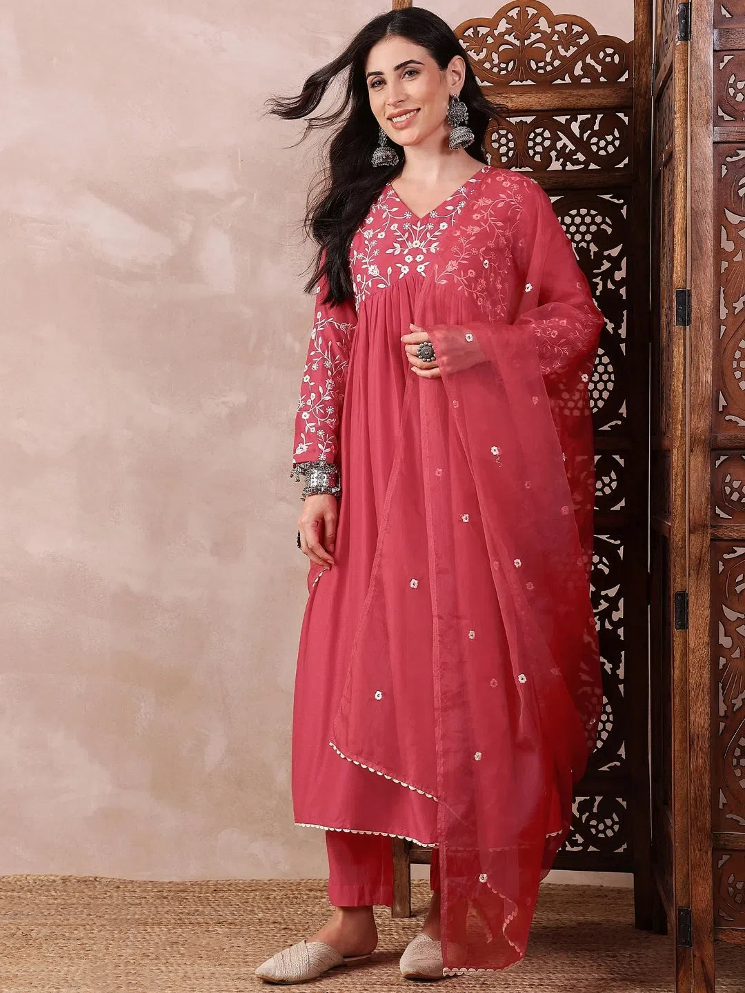 Red Embroidered Cotton Kurta Set with Dupatta for Women