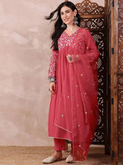 Women Red Cotton Blend Solid Embroidered A-Line Kurta Trouser With Dupatta-PKSKD2375