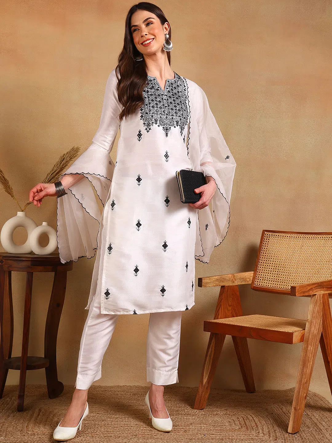 Women White Silk Blend Embroidered Straight Kurta Pant Set With Dupatta