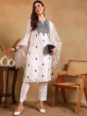 Women White Silk Blend Embroidered Straight Kurta Pant Set With Dupatta