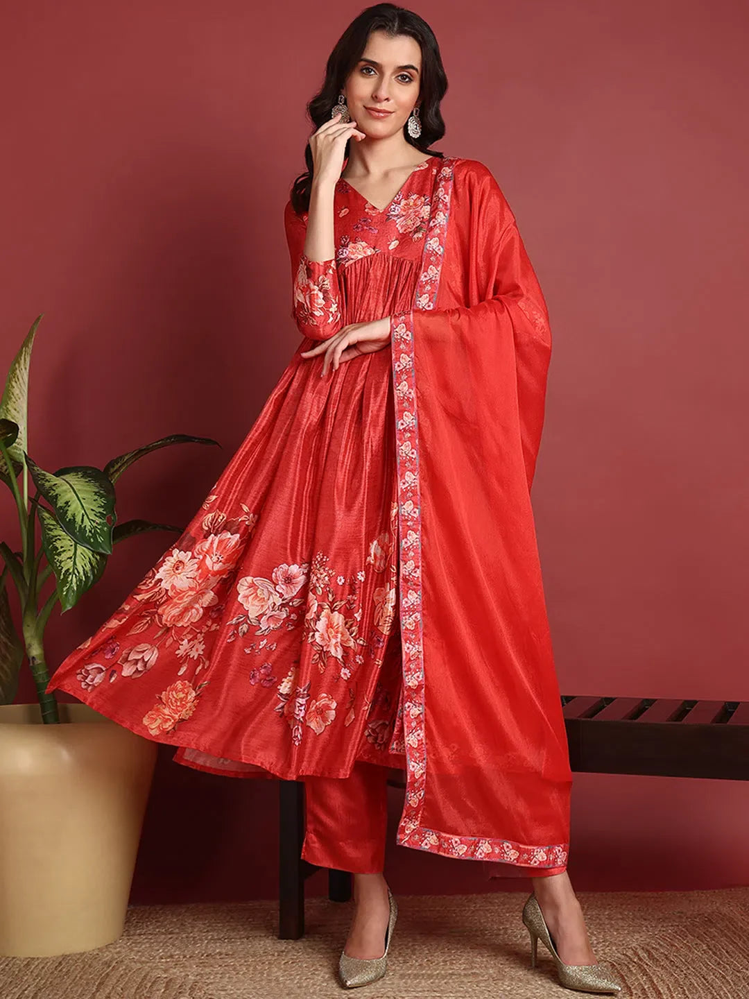 Red Floral Ethnic Lehenga Choli - Party Wear Lehenga for Women