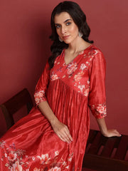 Polyester Floral Red Indian Ethnic