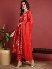 Polyester Floral Red Indian Ethnic