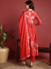 Polyester Floral Red Indian Ethnic