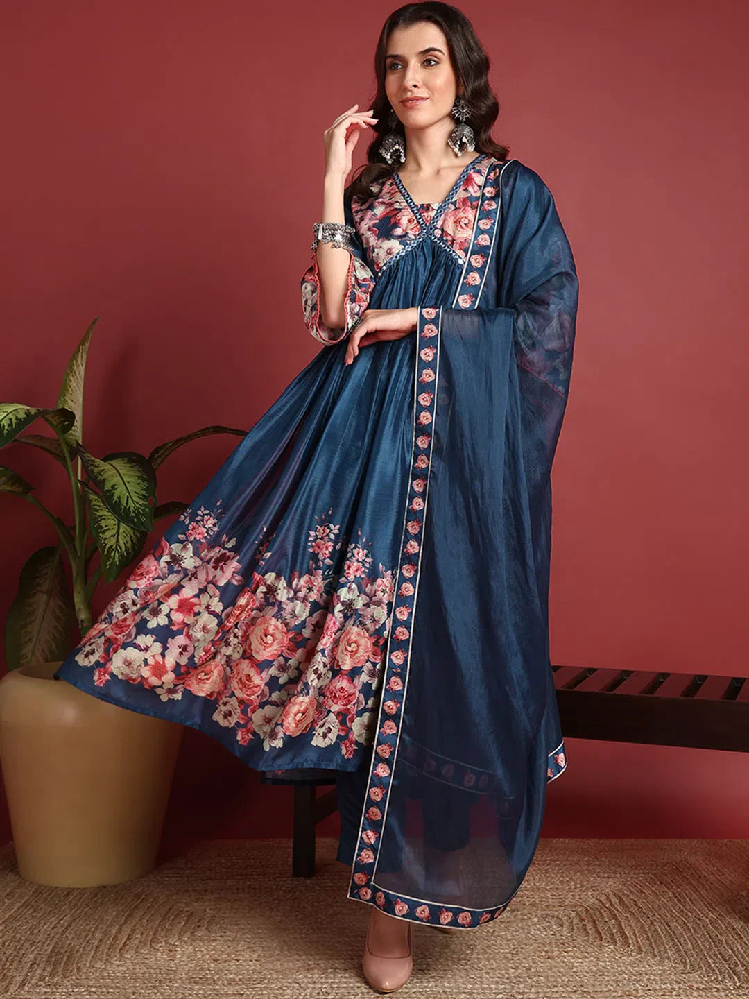 Blue Floral Polyester Kurti Set - Indian Ethnic Designer Lehenga