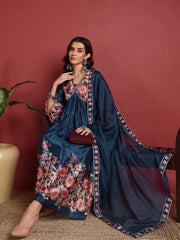 Polyester Floral Blue Indian Ethnic