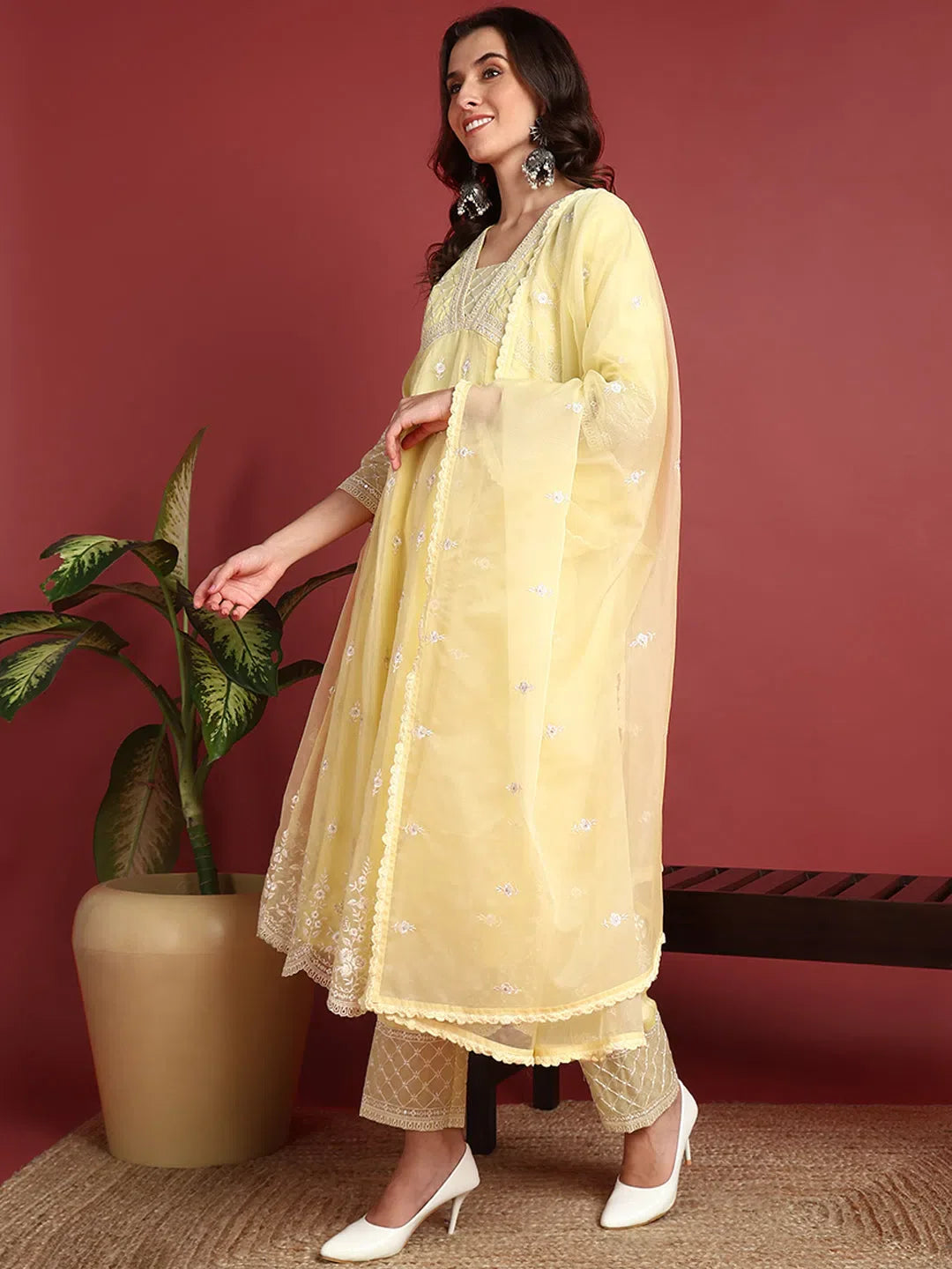 Yellow Solid Organza Indian Ethnic Kurti Set- Festive Lehenga