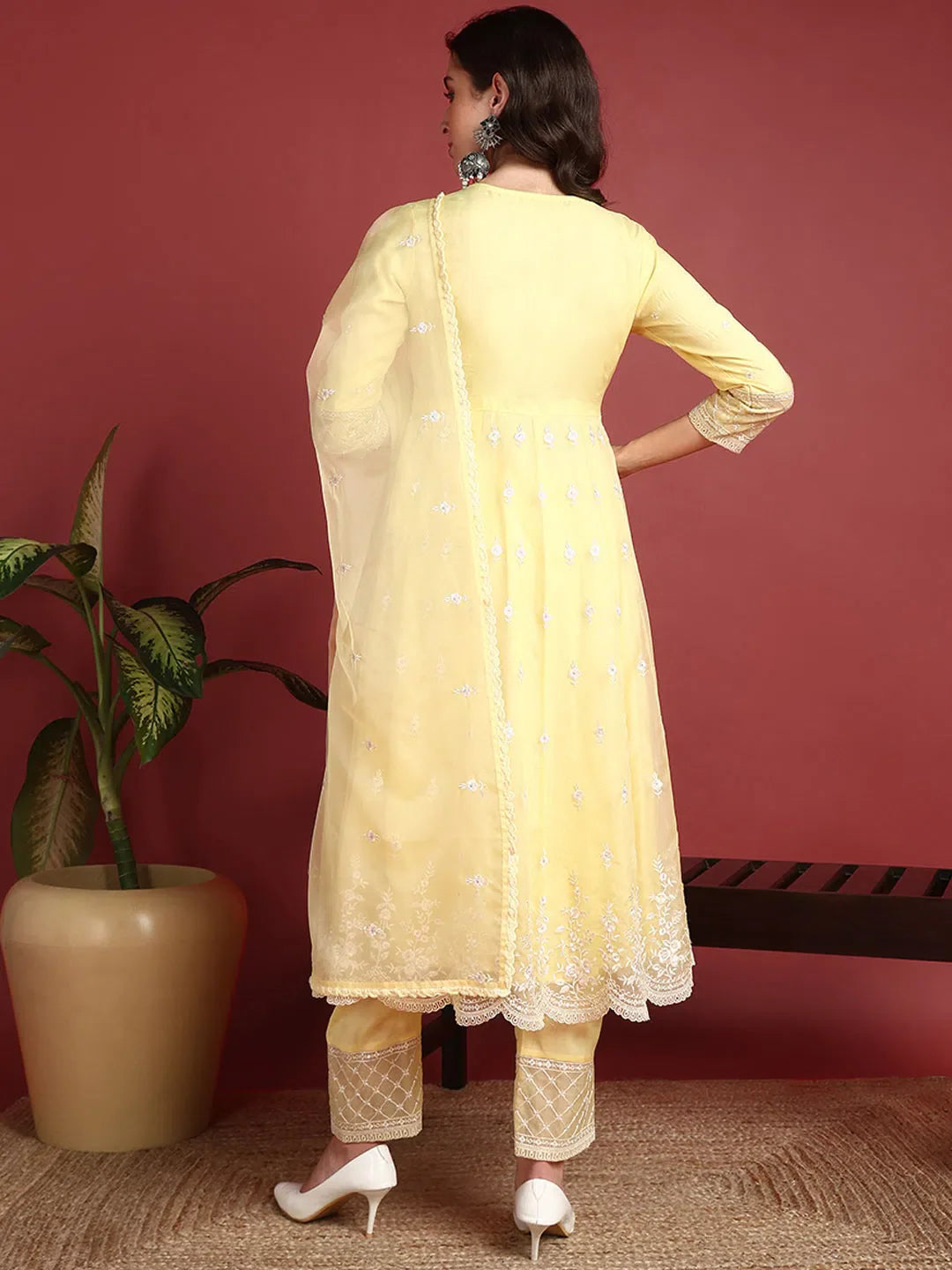 Yellow Solid Organza Indian Ethnic Kurti Set- Festive Lehenga