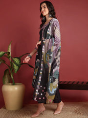 Polyester Floral Black Indian Ethnic-PKSKD2392